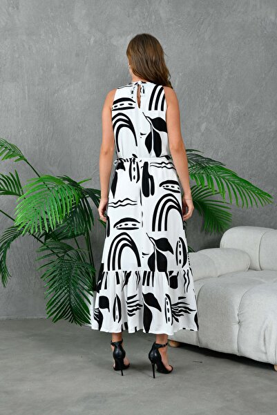lovebox Φόρεμα με γιακά με μαύρο και άσπρο σχέδιο με φούστα και ζώνη DKS-003