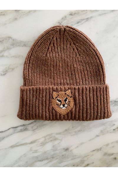 byebruketenci Brown Wool Leopard Beret with Punch Detail