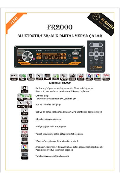Leader fi Audio FR2000 BLUETOOTH/USB/AUX DİJİTAL MEDYA ÇALAR OTO TEYP