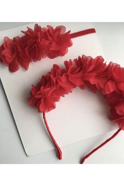 Almila Aksesuar Red Floral Mother Baby Crown Bandana Combination – Bandana