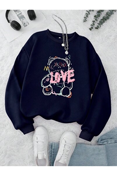 OVER HEAD Hanorac de damă cu model Love Teddy Bear bleumarin - Bisikletyaka