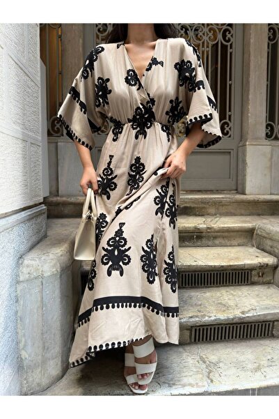 Lusin Brown Double Breasted Collar Slit Long Summer Women's Dress