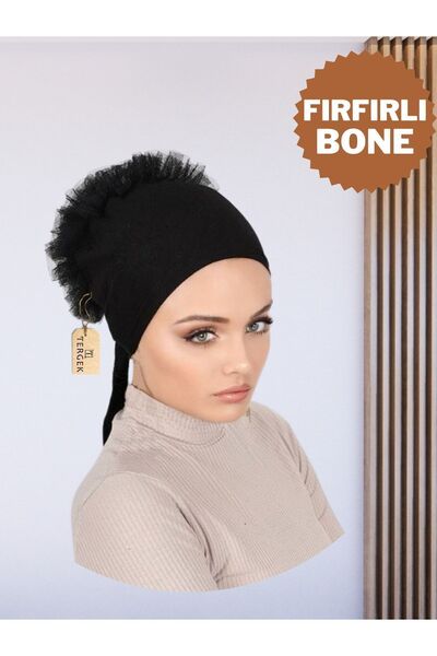 Tergek وشاح رأس حجاب يومي من القطن الأسود - عمامة مكشكشة بدون خياطة