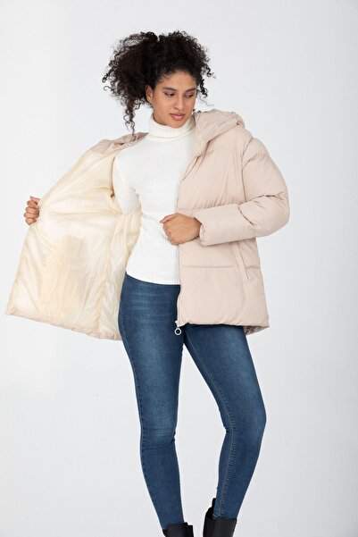 İLKCET MODA Γυναικείο κανονικό πουπουλένιο παλτό με κουκούλα