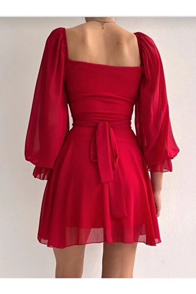 ADASTYLE Bel Detaylı Ful Lycra Tül Kırmızı Elbise