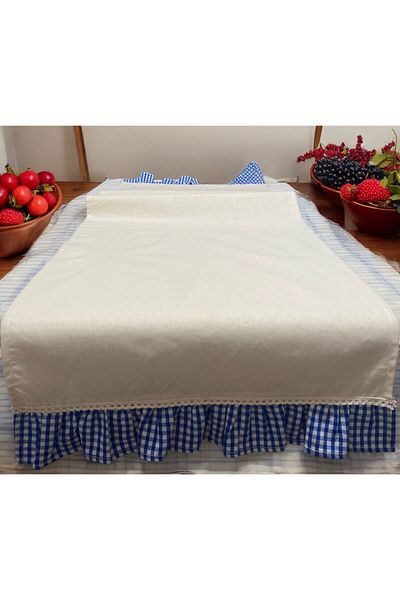Erba kreasyon Față de masă din bumbac natural din in, cu model Gingham, cu volane, 40x140