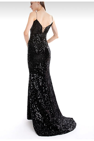 LACHİN collection asklı siyah pullu kadife elbise, trend, özel gün, balık abiye, arkadan bağlamalı ve fermuarlı