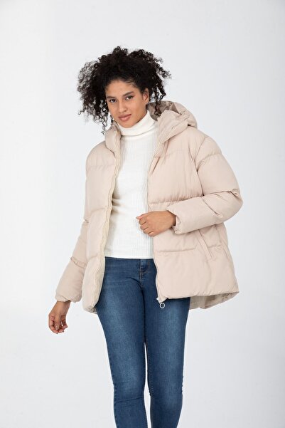 İLKCET MODA Γυναικείο κανονικό πουπουλένιο παλτό με κουκούλα