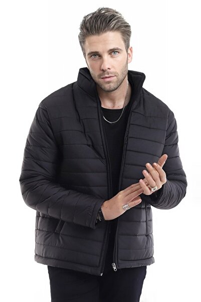 MEYASU Μαύρο ανδρικό χειμωνιάτικο παλτό - αντιανεμικό, γιακάς