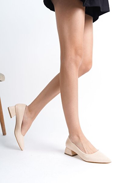 FGZY Shoes Coco Croc Nude Ten Croco Desenli Sivri Burunlu Kalın Topuklu Kadın Ayakkabı