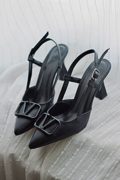 Rainon Store Y3033 Black Leather Buckle Women's Heeled Shoes