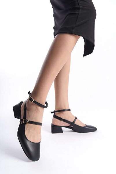 FOLLOWIN Cască Mary Jane, neagră, mată, cu vârf pătrat, cu toc bloc scurt