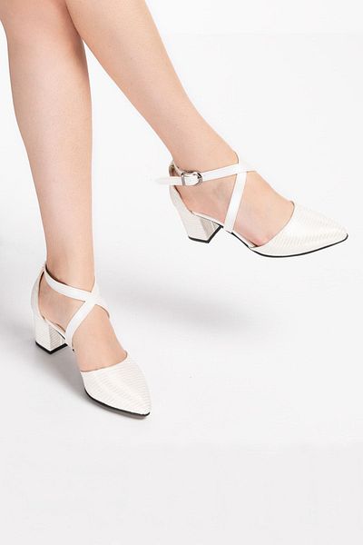 FOLLOWIN Women's White Cross-Strapped Glitter Heeled Shoes