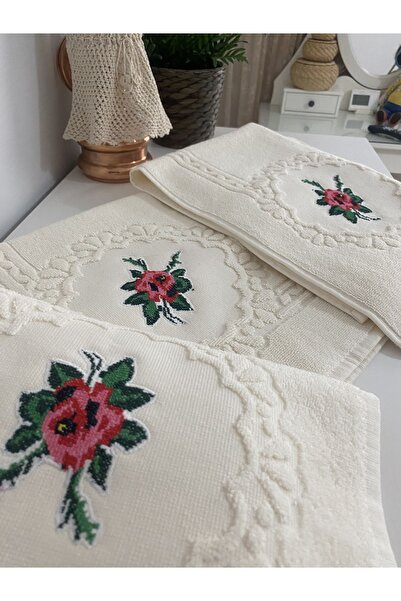 NESLİHAN HOBİ ATÖLYESİ طقم سجادة حمام بلون كريمي من سارا مع غطاء غرز متقاطعة