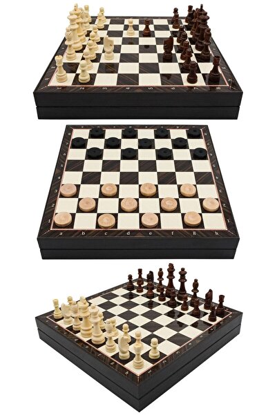 Cooper Chess Kutulu Ahşap Satranç ve Dama Takımı | Kişiye Özel Metal Etiketli | 36cm Ahşap Ceviz Desenli Satranç