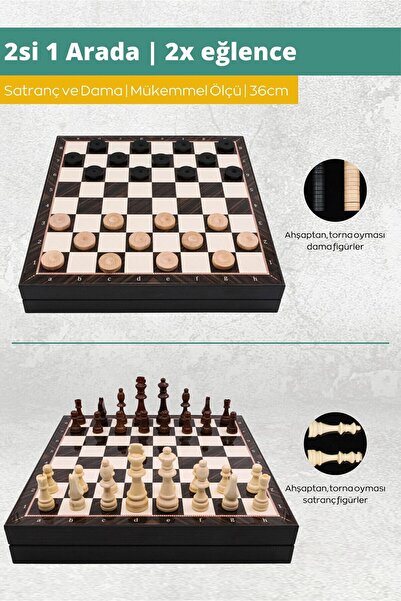 Cooper Chess Kutulu Ahşap Satranç ve Dama Takımı | Kişiye Özel Metal Etiketli | 36cm Ahşap Ceviz Desenli Satranç