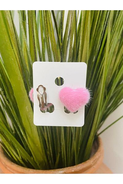 1PARÇAMAVİ Plush Children's Earrings with Heart Clip - Non-perforated Feather Earrings