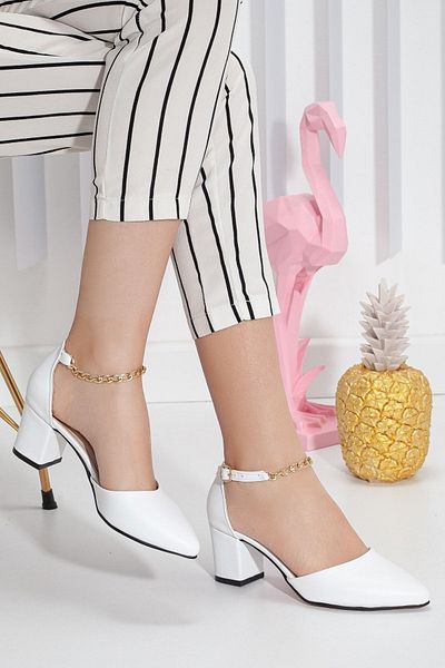 FOLLOWIN Women's White Ankle Chain Heeled Shoes