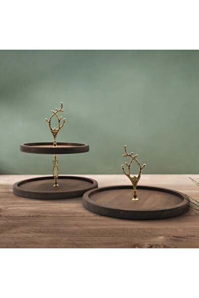 Rabo Craft 2 Tiers and Single Tiers Round Handle Patterned Handle Wooden Cake Pie Presentation Stand, Service Presentation Plate