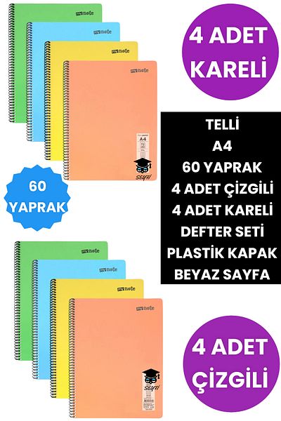 SEYFİKİRTASİYE طقم دفتر ملاحظات مكون من 60 ورقة - 8 حلقات، 4 مربعات و4 أغطية بلاستيكية مسطرة