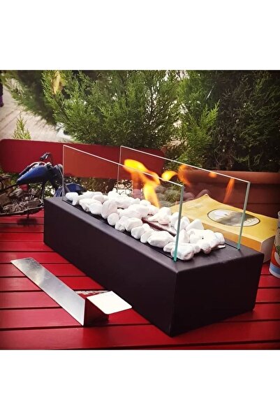 Moor Garden Metal Siyah Renk Masa Üstü Şömine Sertifikalı Yakıt Ve Dekoratif Taş Hediyeli