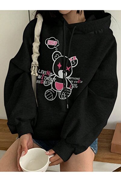 over head oh Μαύρο Cheer Up εμπριμέ γυναικείο φούτερ με κουκούλα - 3 νήματα O...