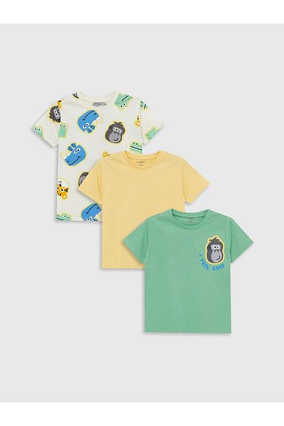LC Waikiki Lcw Baby Green Baby Boy T-Shirt - Crew Neck, Short Sleeve, Printed Set of 3