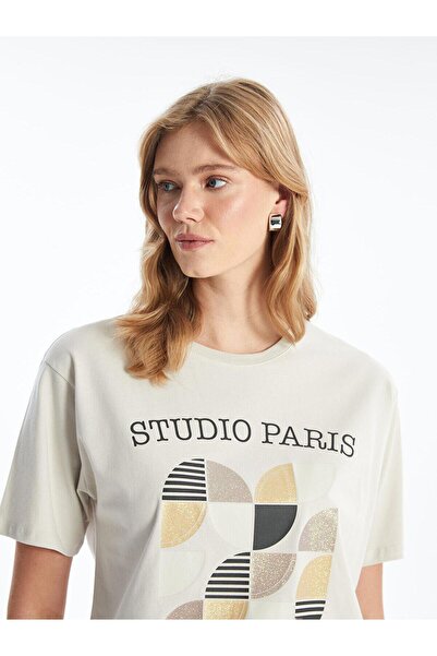 LC Waikiki Γυναικείο μπλουζάκι LCW Vision Oversize - Ανοιχτό γκρι, λαιμόκοψη, στάμπα, κοντό μανίκι