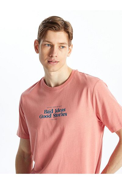 LC Waikiki Ανδρικό χτενισμένο βαμβακερό μπλουζάκι LCW Casual - Coral Printed Crew Neck