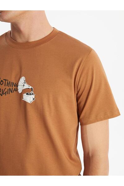 LC Waikiki Ανδρικό χτενισμένο βαμβακερό μπλουζάκι LCW - στάμπα κανέλας, λαιμόκοψη, κοντό μανίκι