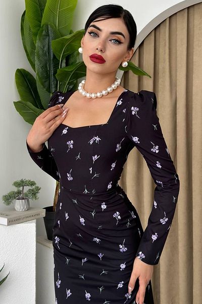 WOMAN VISION Γυναικείο φλοράλ στάμπα κρεπ ύφασμα τετράγωνο λαιμό μακρυμάνικο μίντι μαύρο φόρεμα 208
