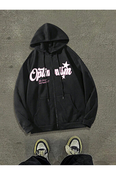 MODARİCH Black Optimism Cheerful Cardigan - Winter Oversize Hoodie with Zippe...