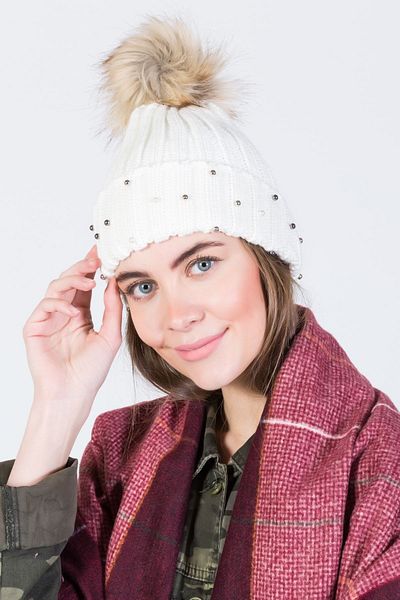 POSUSS Acrylic Women's Beanie Bone with Pearls and Pompoms - Ps646