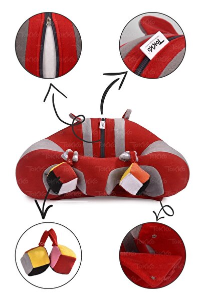 TOKKO Red Gray Baby Sitting Cushion with Toys - Non-Tipping Baby Seat - Large Baby Seat