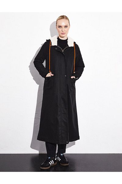 Kayra Furry Hooded Sport Trench Coat | Cap Black