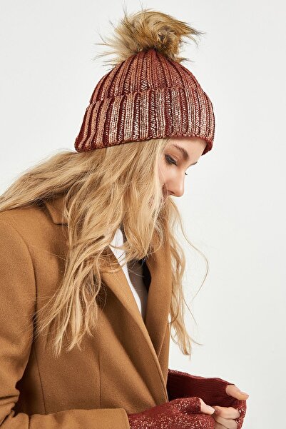 POSUSS Simli Ponponlu Akrilik Kadın Bere Kiremit - Ps487