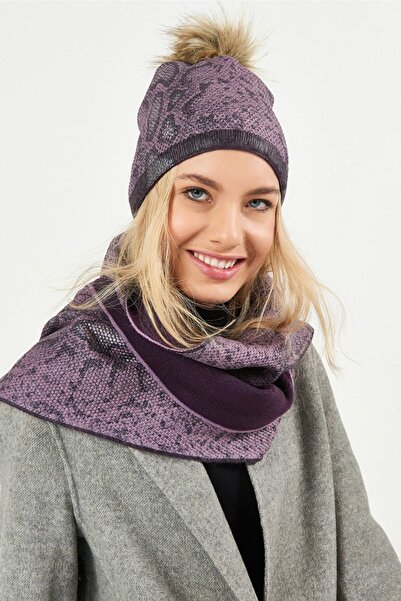 POSUSS Yılan Baskılı Ponponlu Akrilik Kadın Bere Mor - Ps512
