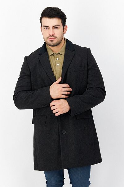 French Connection Men Textured Trench Coat, Charcoal