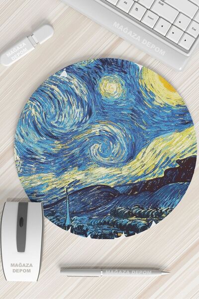 MAĞAZA DEPOM Van Gogh Yıldızlı Gece Mouse Pad, Yuvarlak Mousepad, Starry Nigh...