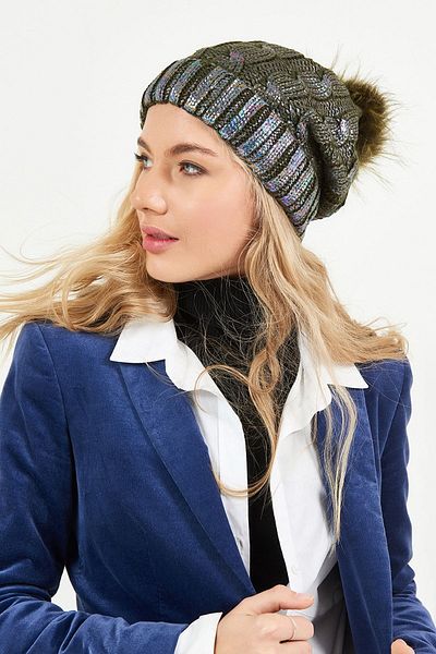 POSUSS Glittery Pompom Acrylic Women's Beret Khaki - Ps427