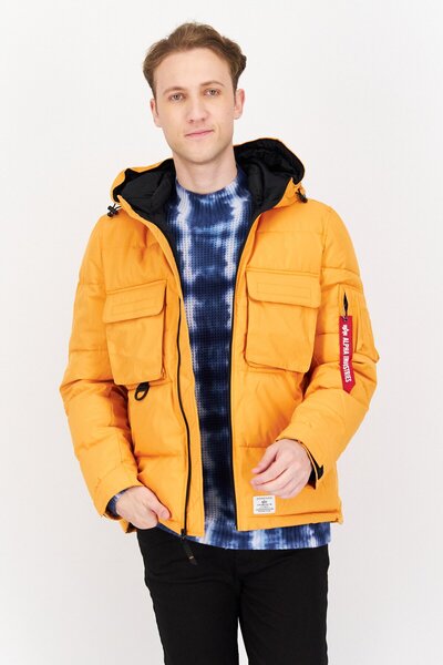 Alpha Industries Men Faux Fur Hood Plain Parka Jacket, Orange
