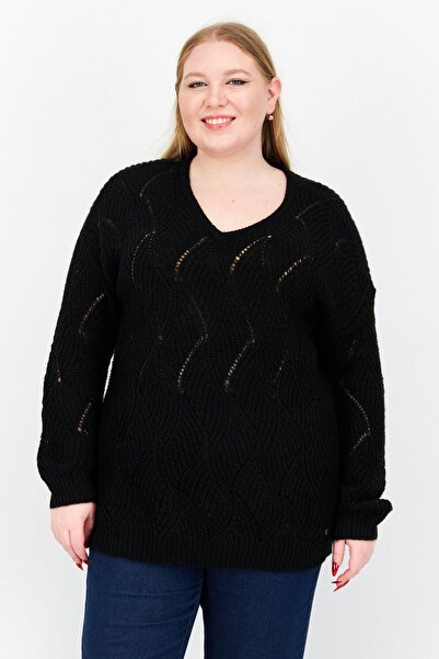 Samoon Women V Neck Long Sleeve Textured Sweater, Black