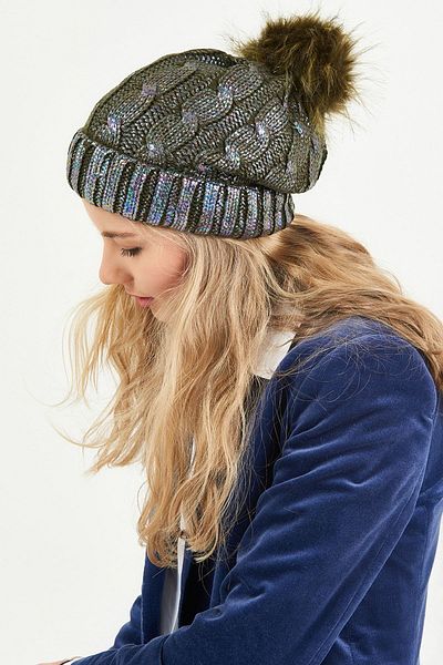 POSUSS Glittery Pompom Acrylic Women's Beret Khaki - Ps427