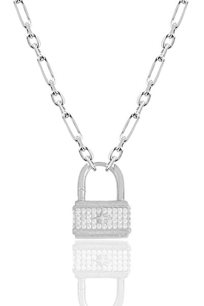 Söğütlü Silver Gümüş Rodyumlu Zirkon Taşlı Figaro Zincirli Kilit Kolye Sgtl12...