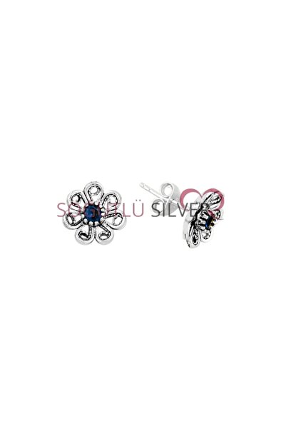 Söğütlü Silver Gümüş Oksitli Safir Taşlı Telkari Çiçek Modeli Küpe Sgtl10796sfr