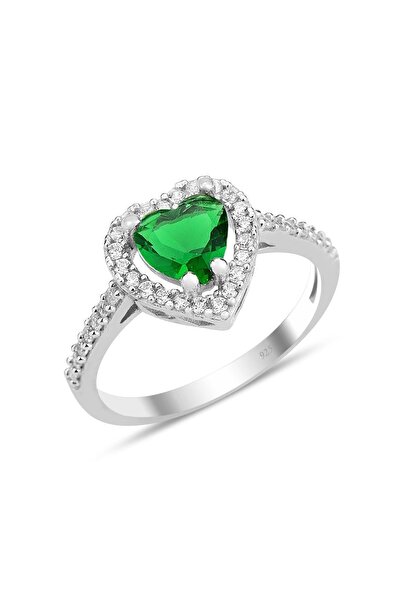 Söğütlü Silver Gümüş rodyumlu yeşil taşlı pırlanta montürlü Kalp modeli yüzük...