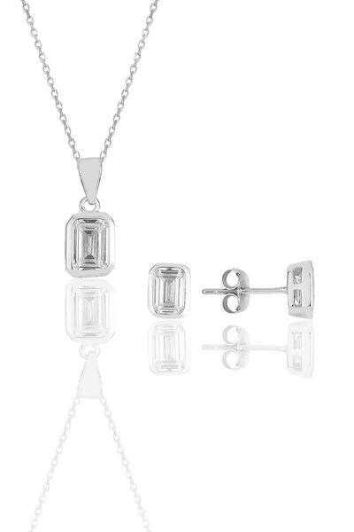 Söğütlü Silver Gümüş Rodyumlu Baget Kesim Zirkon Taşlı Kolye Kupe Ikili Set.....