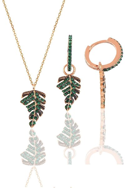 Söğütlü Silver Gümüş Rose Yeşil Taşlı Yaprak Kolye Ve Küpe Seti Sgtl10753rose