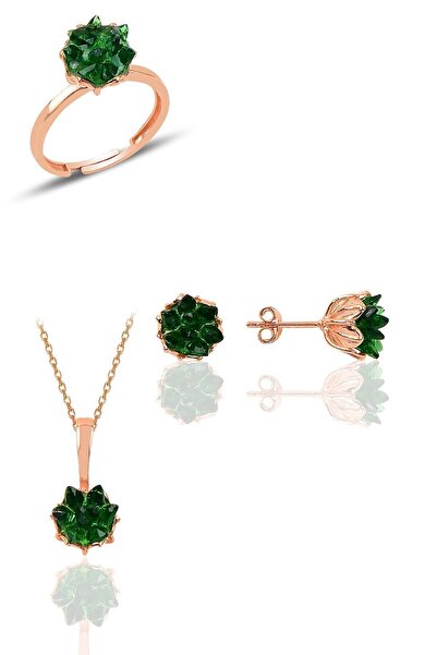 Söğütlü Silver Gümüş Lotus Çiçeği Modeli Zümrüt Taş Renkli Üçlü Set Sgtl10210set