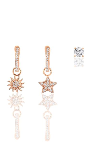 Söğütlü Silver Gümüş Rose Zirkon Taşlı Yıldız, Güneş Ve Tektaşlı Kombin Küpe Sgtl12106rose